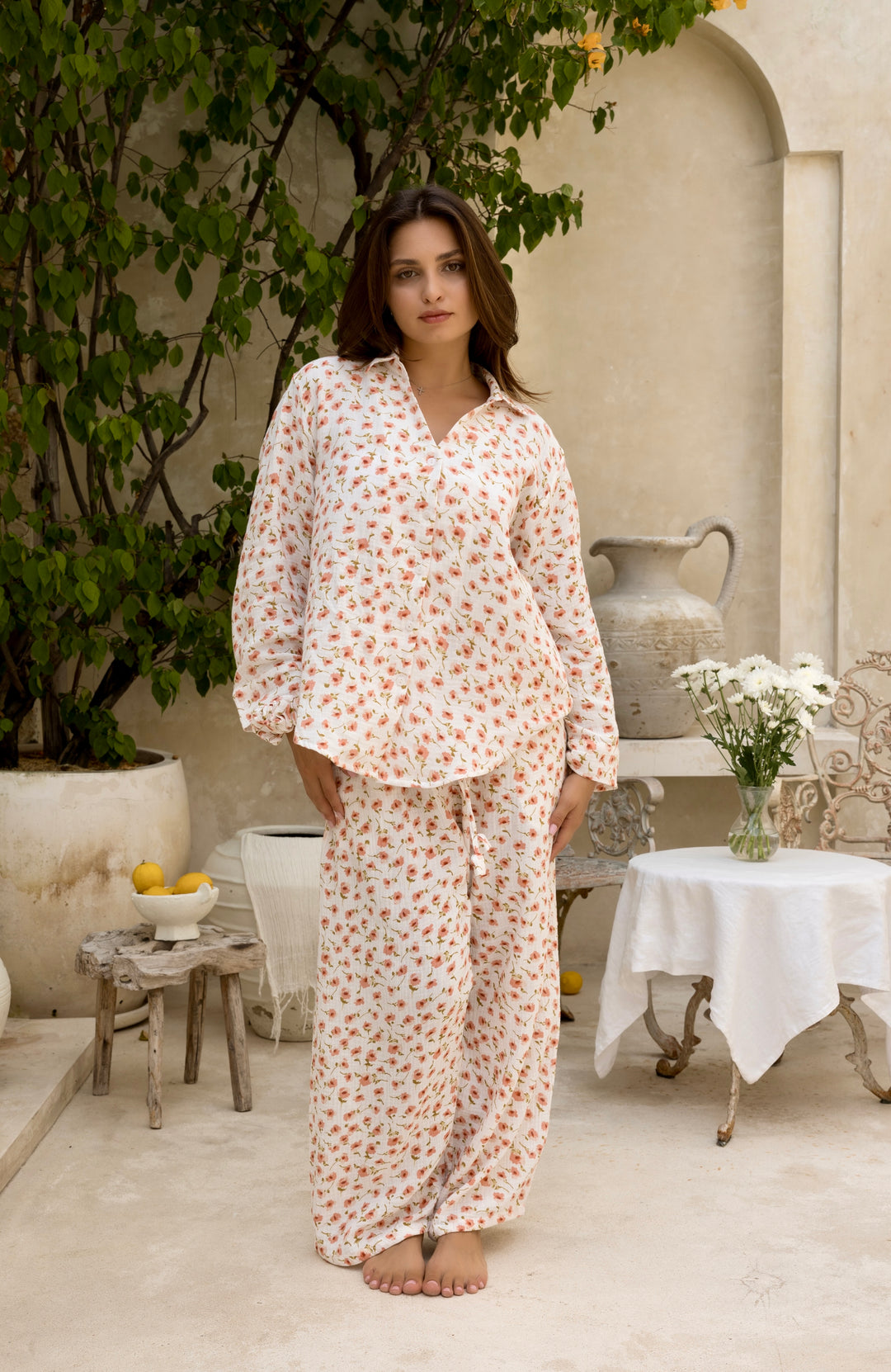  Women's pink floral double cotton gauze long pyjama set 