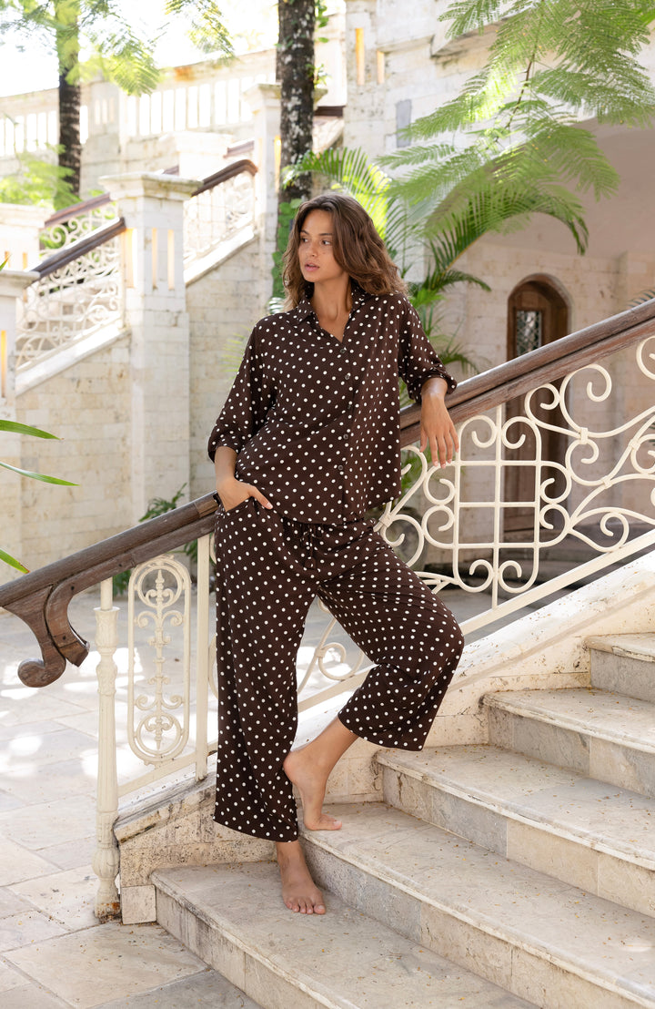 Women’s brown and white polka dot pyjama set with full-length pants and 3/4 sleeves