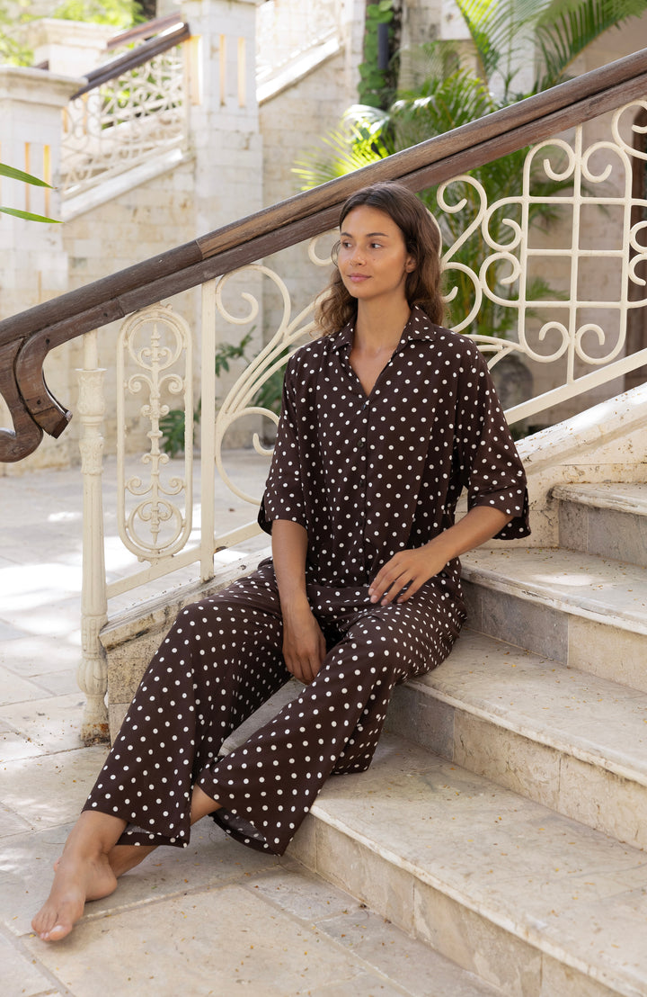 Women’s brown and white polka dot pyjama set with full-length pants and 3/4 sleeves