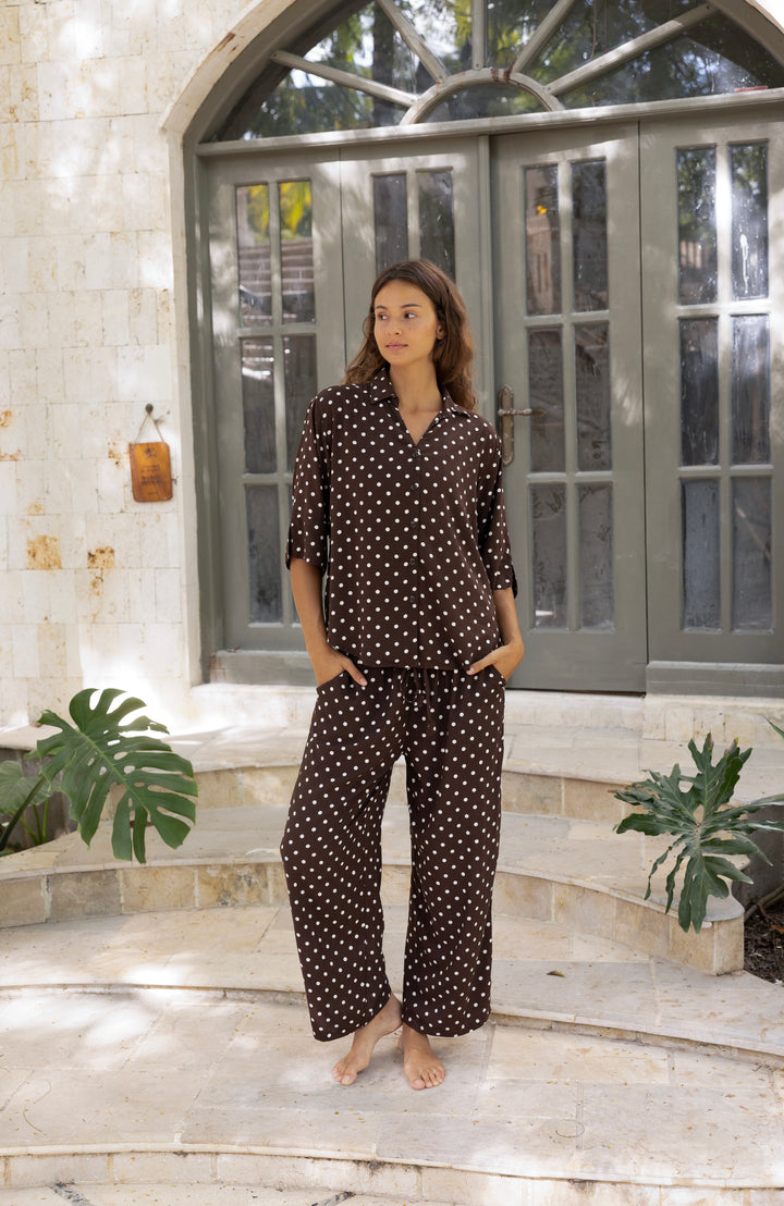 Women’s brown and white polka dot pyjama set with full-length pants and 3/4 sleeves