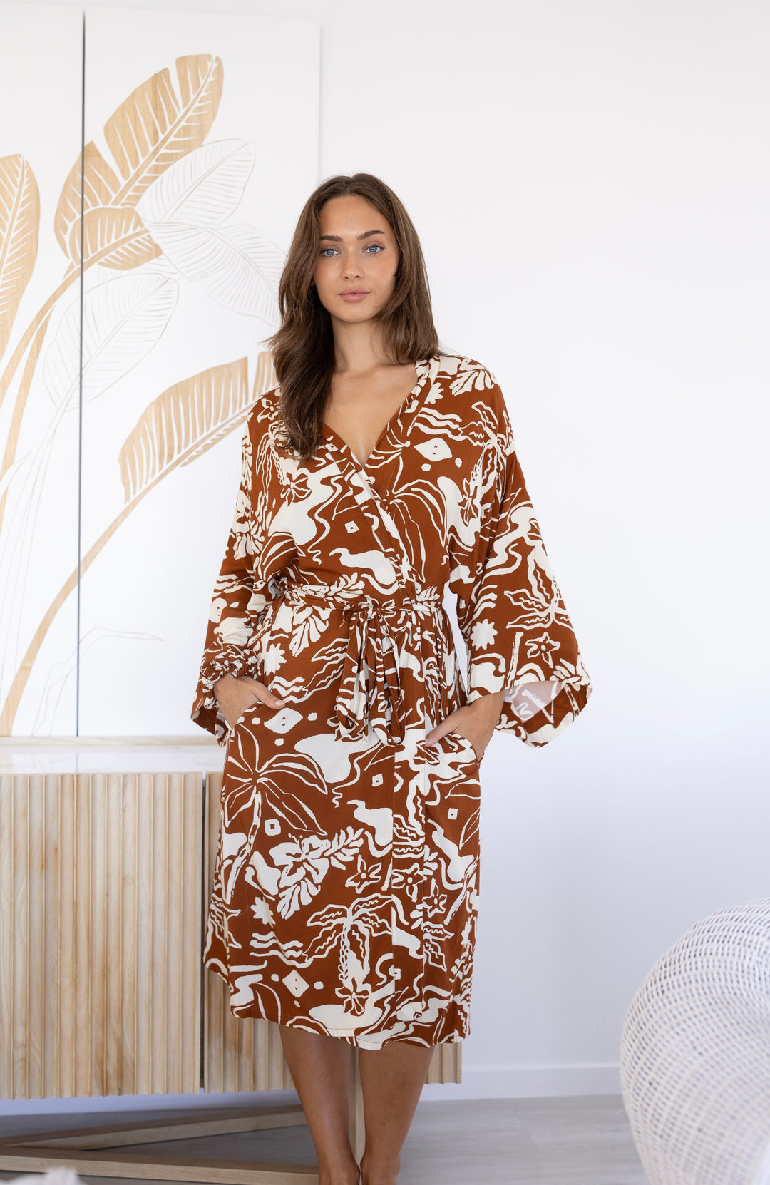 Women's Brown and White Kimono Robe, Pool Cover-up