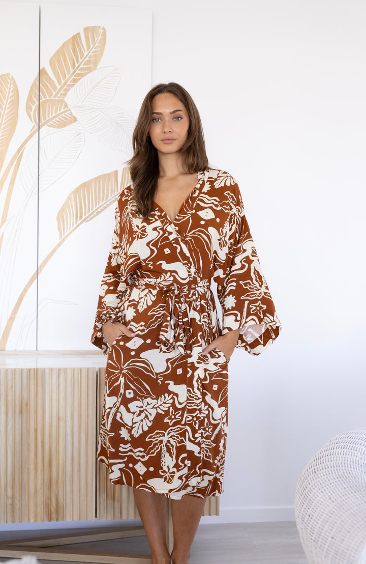 Women's Brown and White Kimono Robe, Pool Cover-up