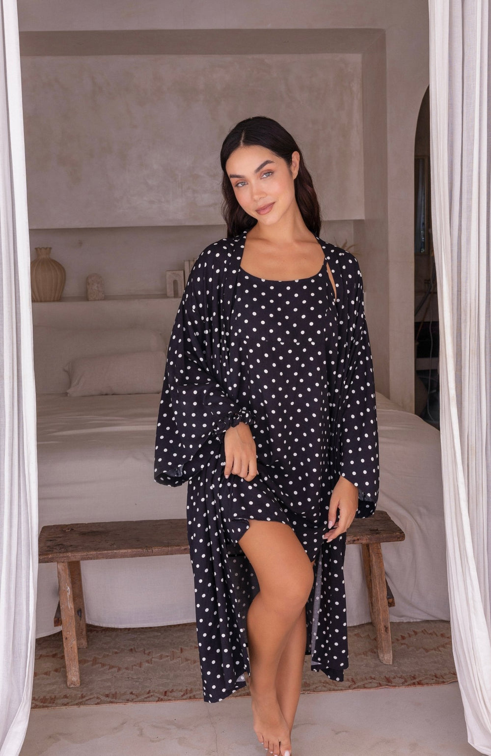 Black and White Polka Dot Kimono Robe - Lucia