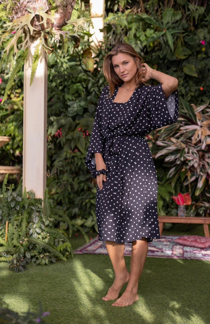 Black and White Polka Dot Kimono Robe - Lucia