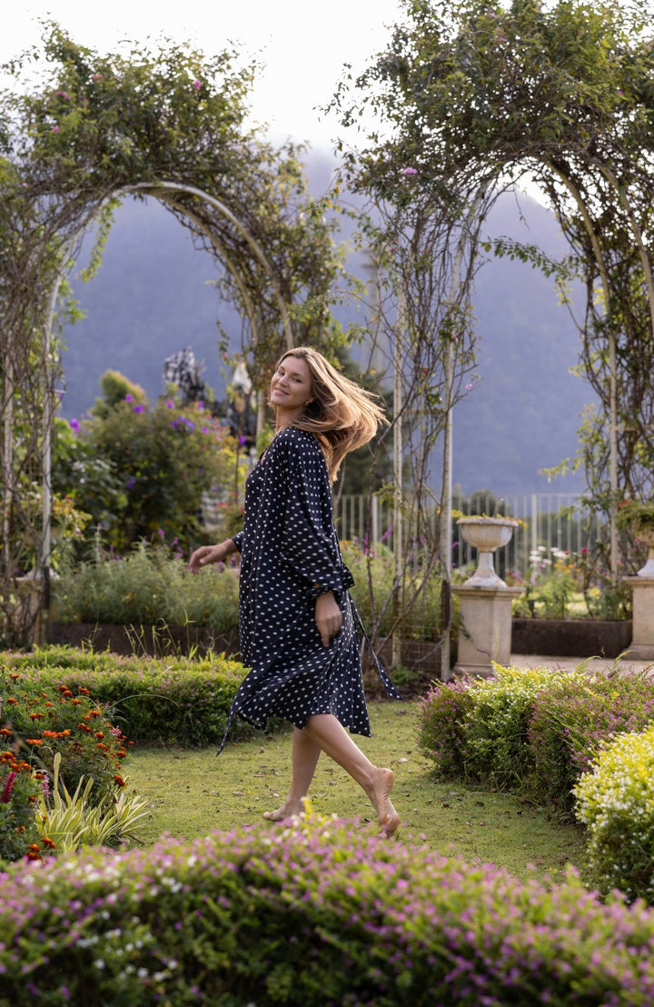 Black and White Polka Dot Kimono Robe - Lucia