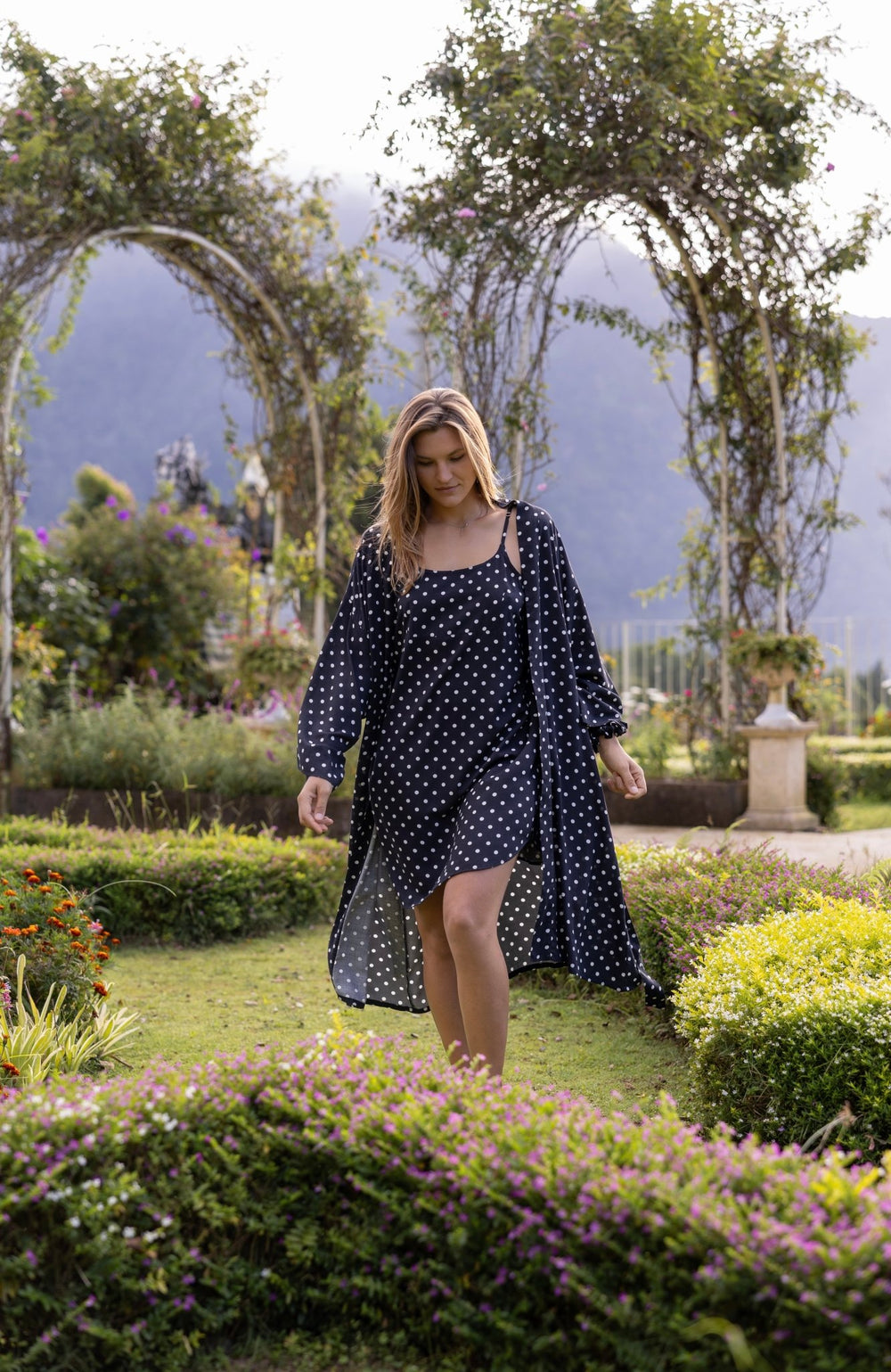 Black and White Polka Dot Kimono Robe - Lucia