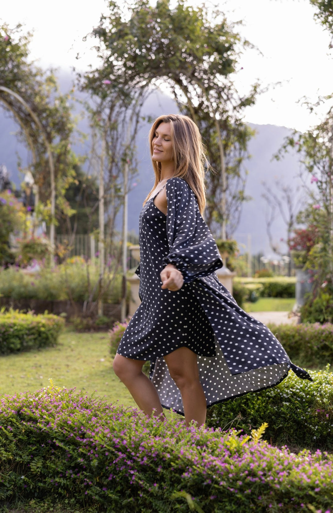 Black and White Polka Dot Kimono Robe - Lucia