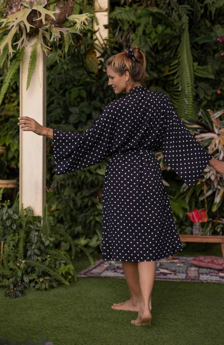 Black and White Polka Dot Kimono Robe - Lucia