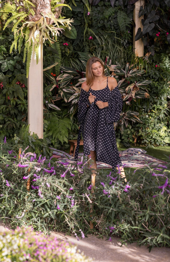 Black and White Polka Dot Kimono Robe - Lucia