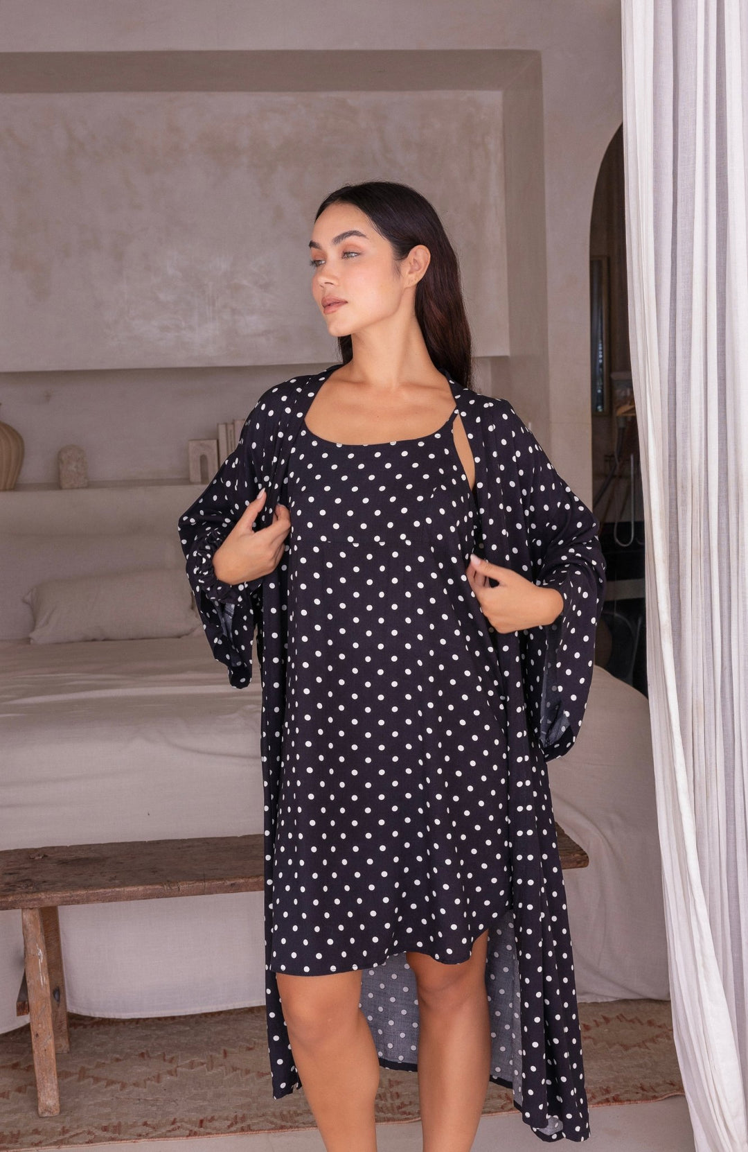 Black and White Polka Dot Kimono Robe - Lucia