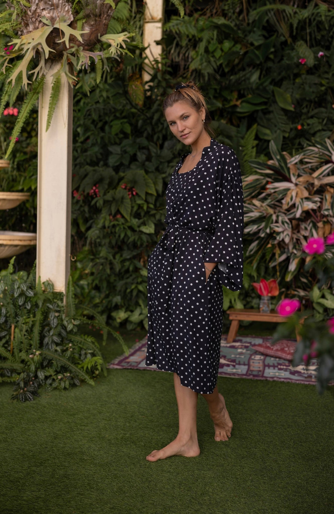 Black and White Polka Dot Kimono Robe - Lucia
