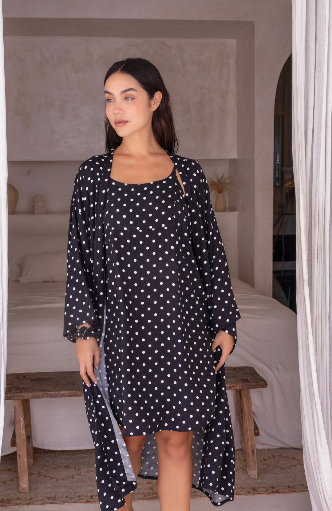 Black and White Polka Dot Kimono Robe - Lucia