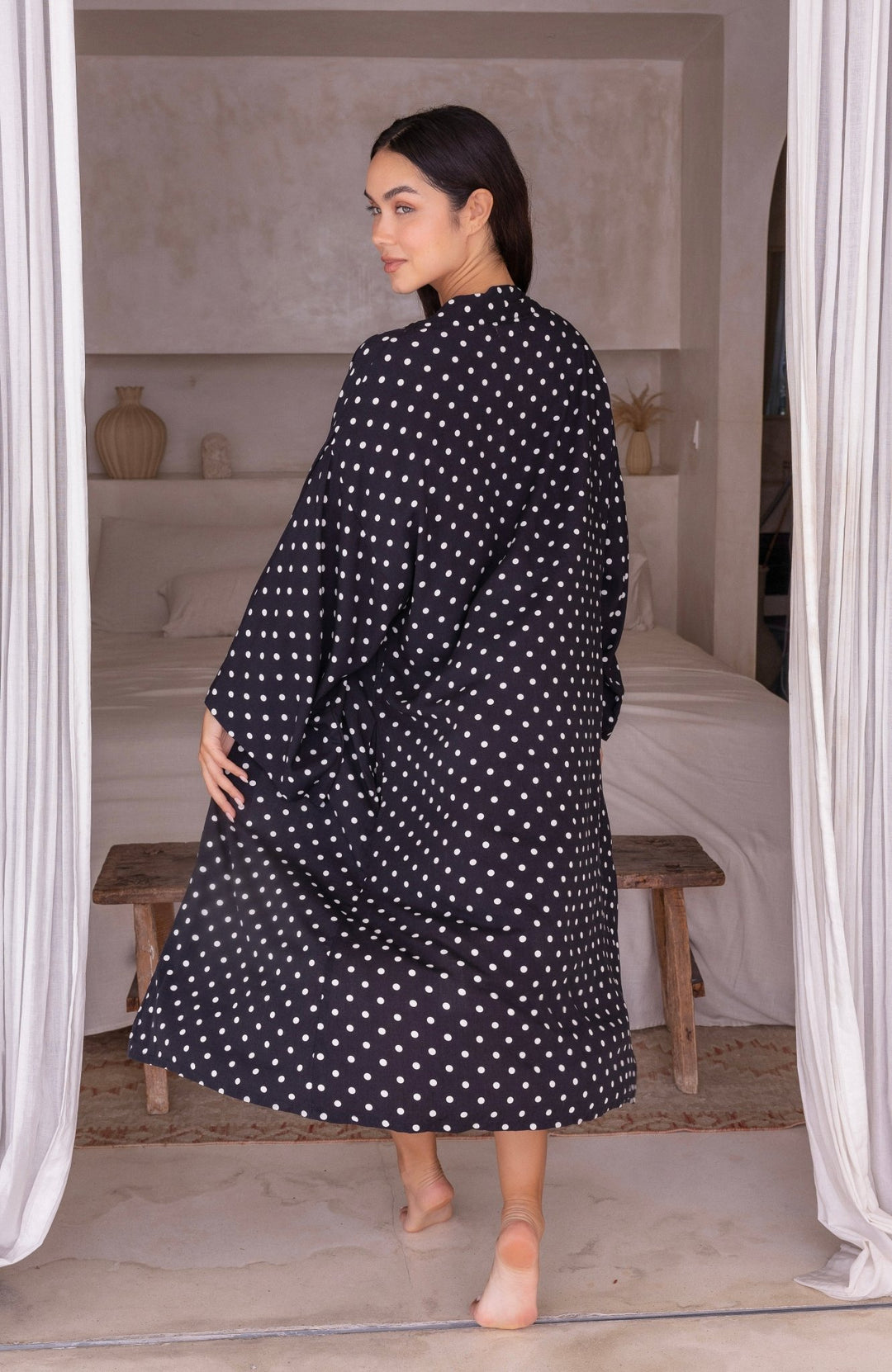 Black and White Polka Dot Kimono Robe - Lucia