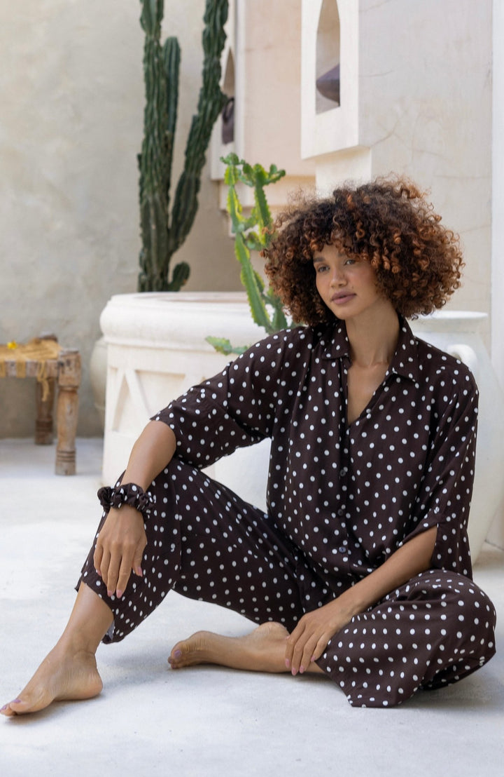 Lola Pj Set Brown & White Polka Dots - Lucia