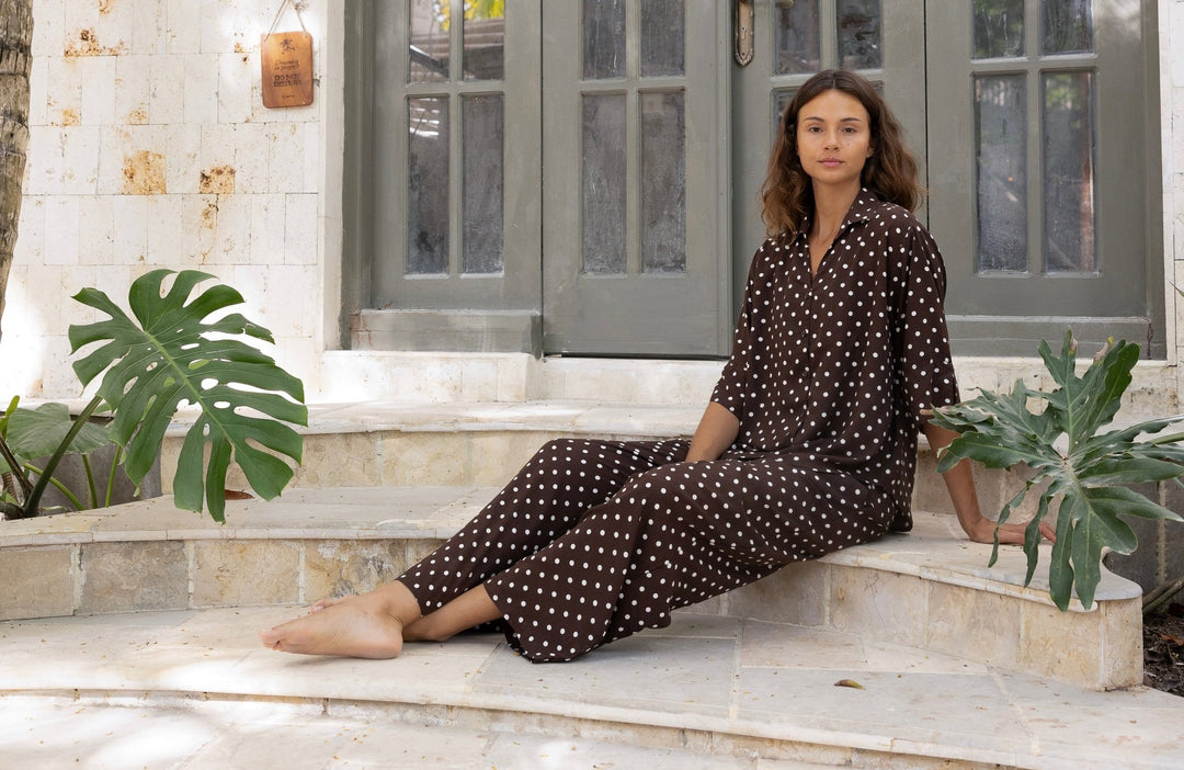 Lola Pj Set Brown & White Polka Dots - Lucia