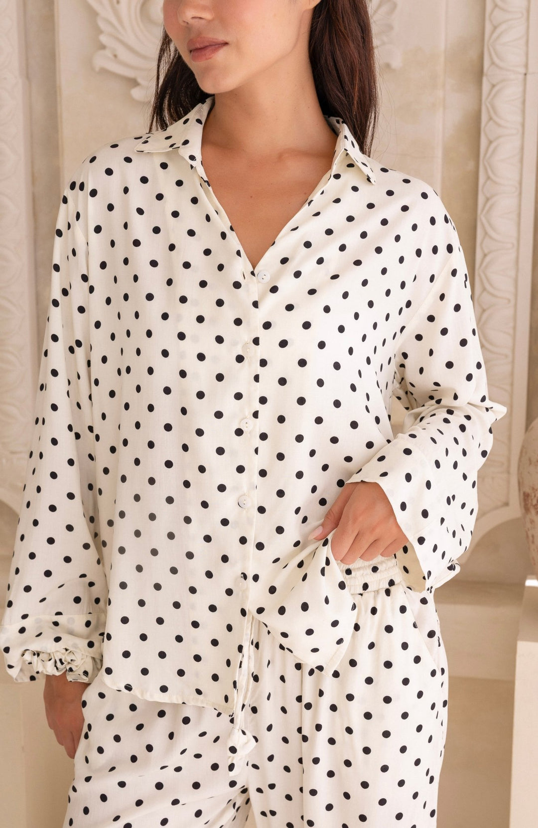 Lucia Pyjama Set Cream and Black Polka Dots - Lucia