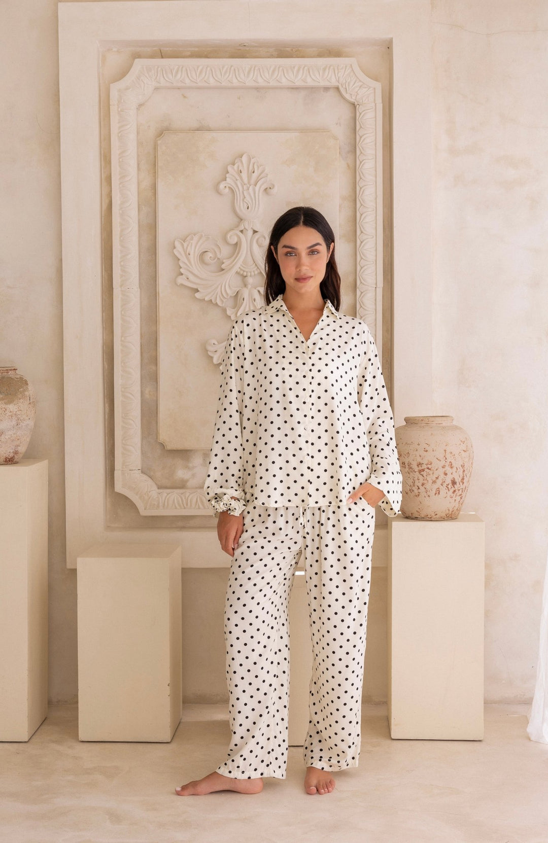 Lucia Pyjama Set Cream and Black Polka Dots - Lucia