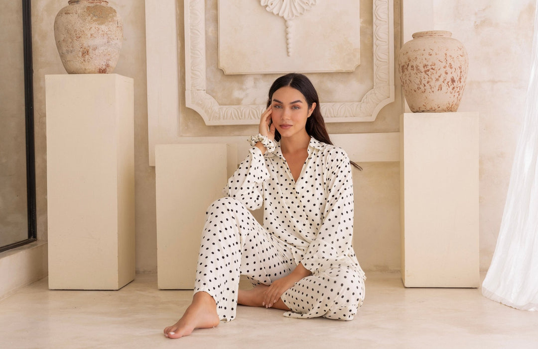 Lucia Pyjama Set Cream and Black Polka Dots - Lucia
