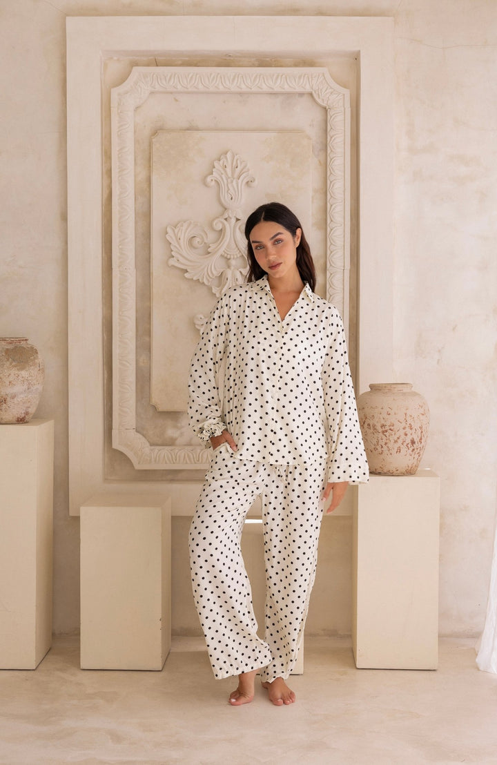 Lucia Pyjama Set Cream and Black Polka Dots - Lucia