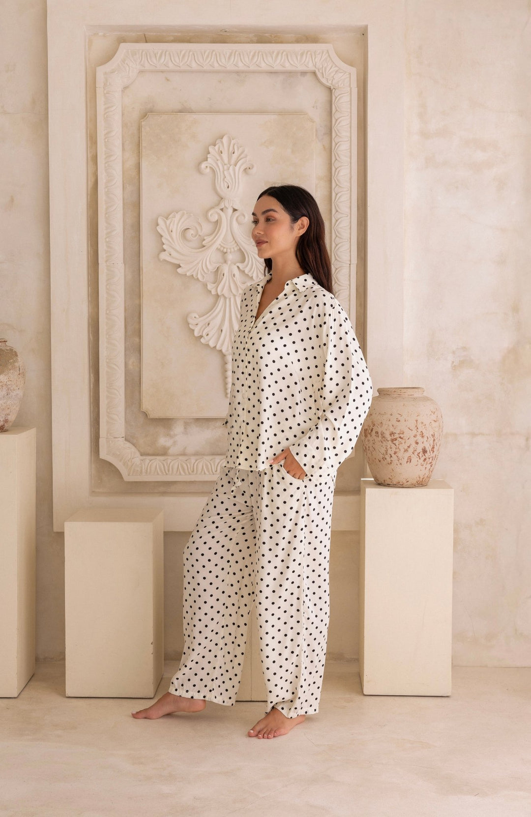 Lucia Pyjama Set Cream and Black Polka Dots - Lucia