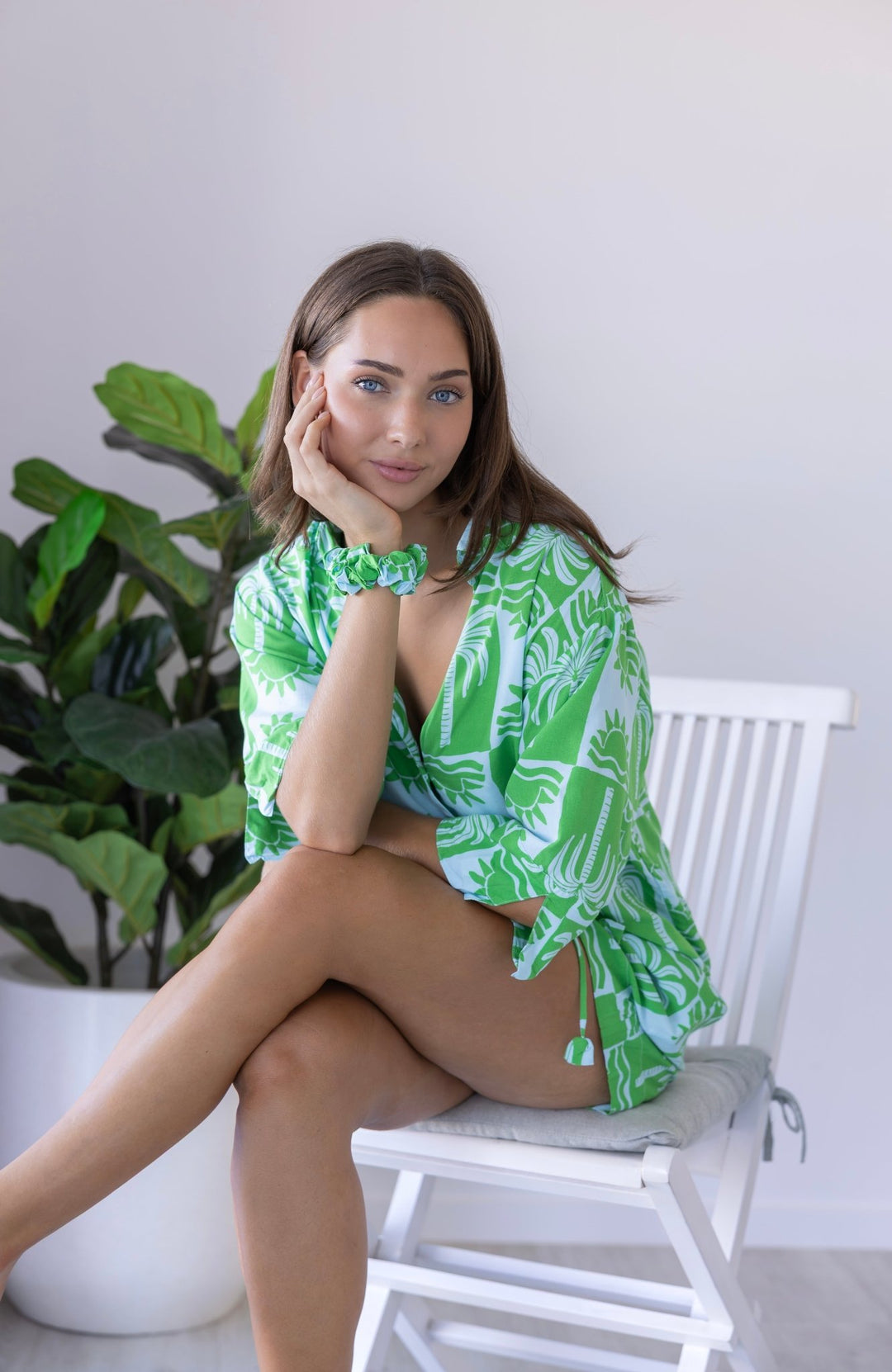 Palma Resort Set in pale blue and green palm print, chic women's holiday resortwear outfit