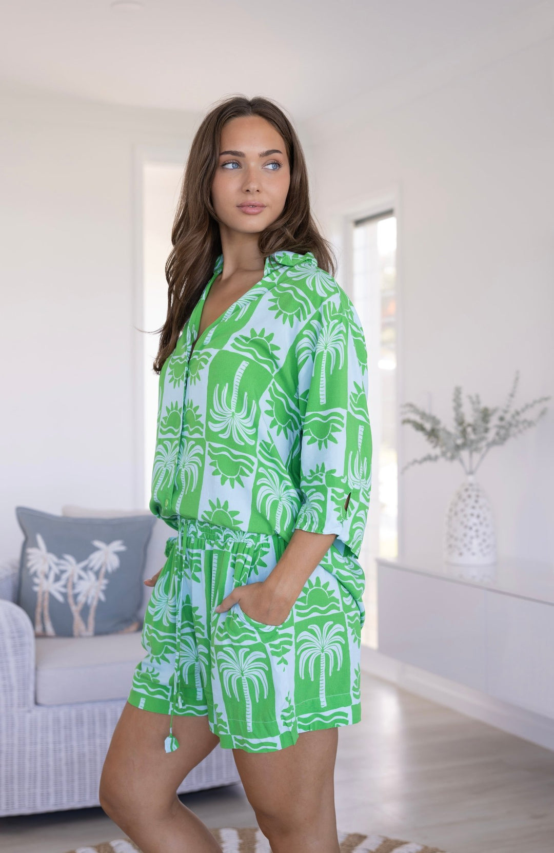 Palma Resort Set in pale blue and green palm print, chic women's holiday resortwear outfit