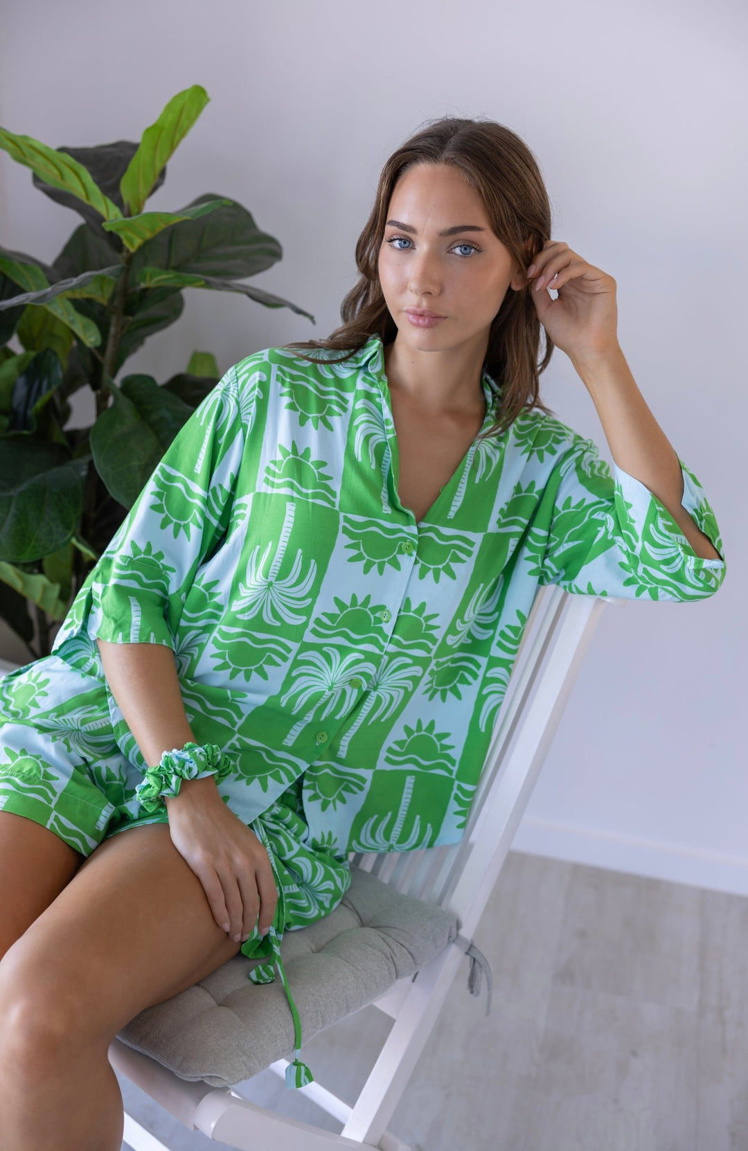 Palma Resort Set in pale blue and green palm print, chic women's holiday resortwear outfit