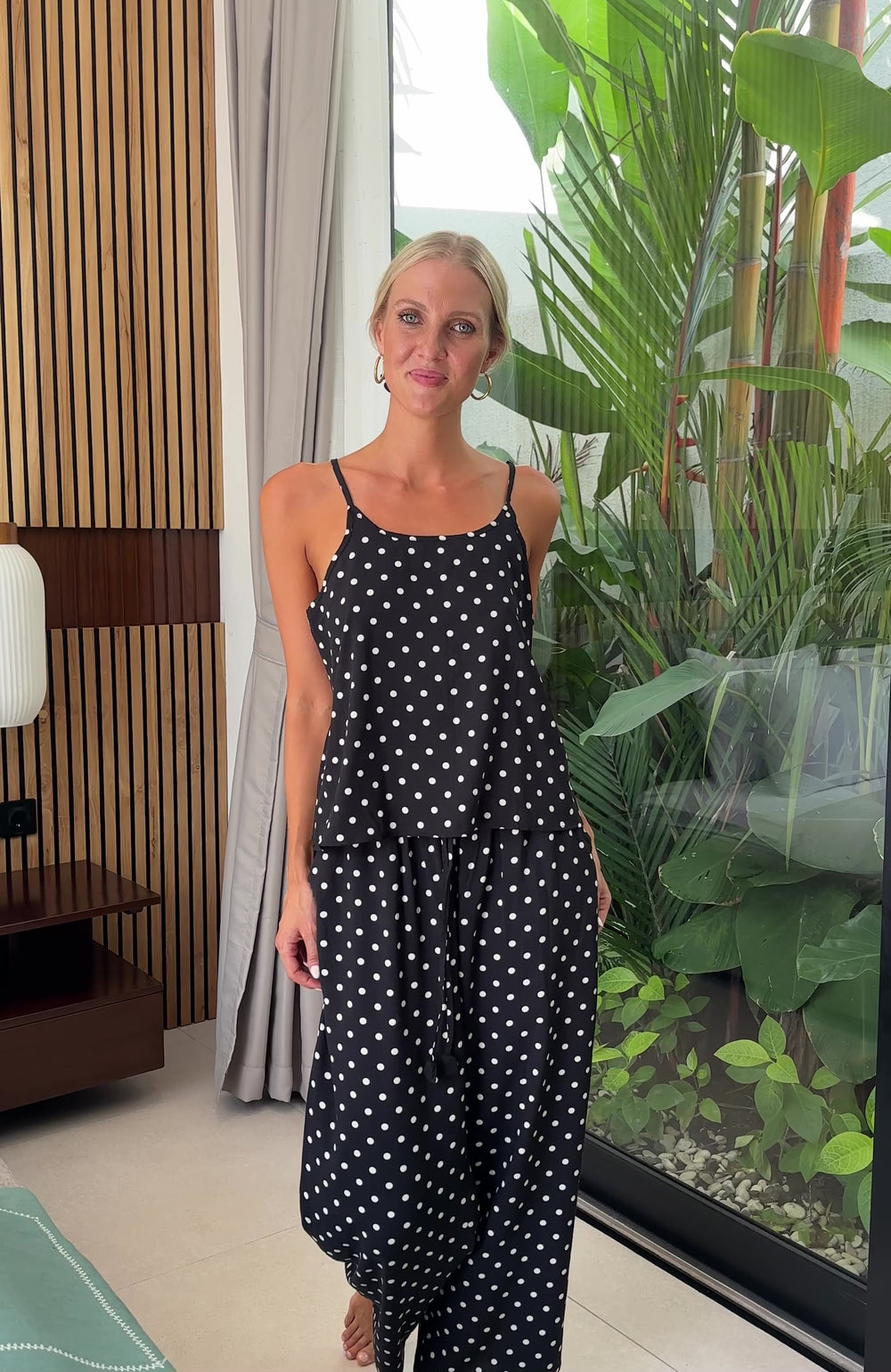 Cami and long pants pyjama set in black with white polka dots, video
