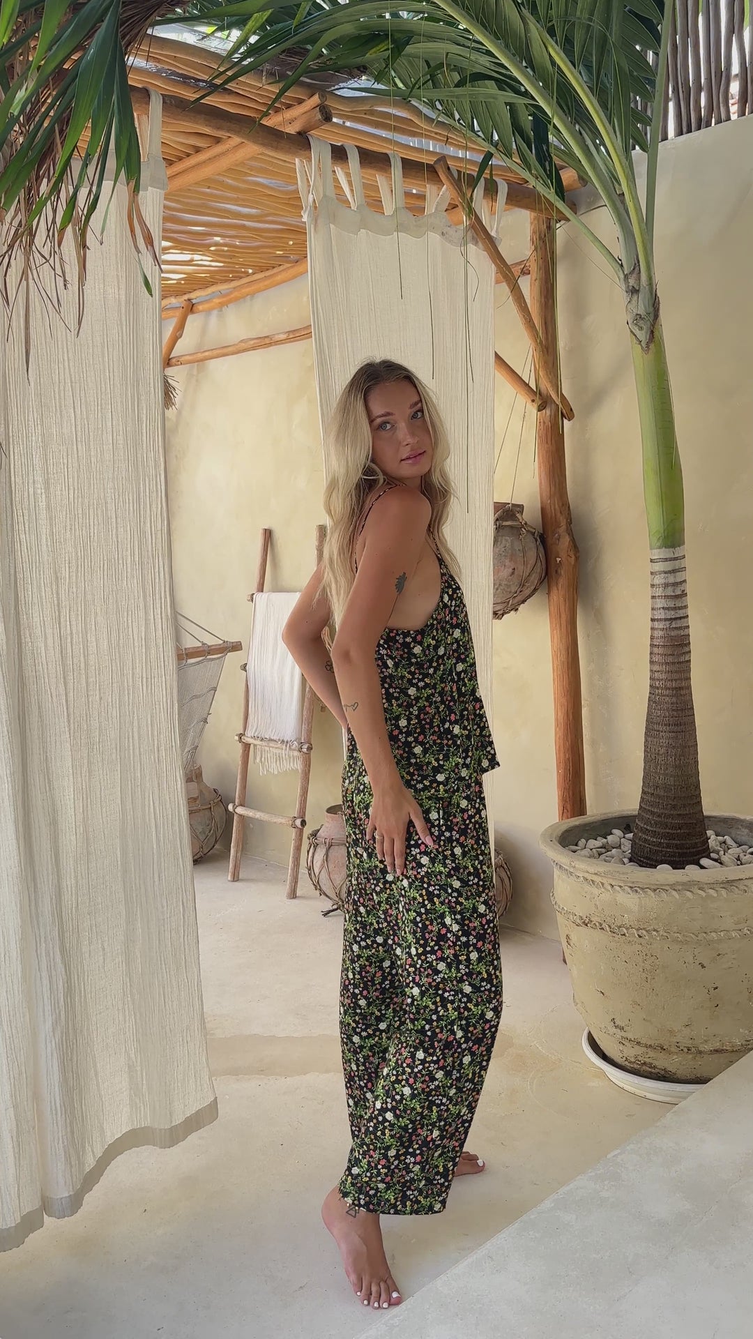 Black Floral Cami and Pants Pj Set