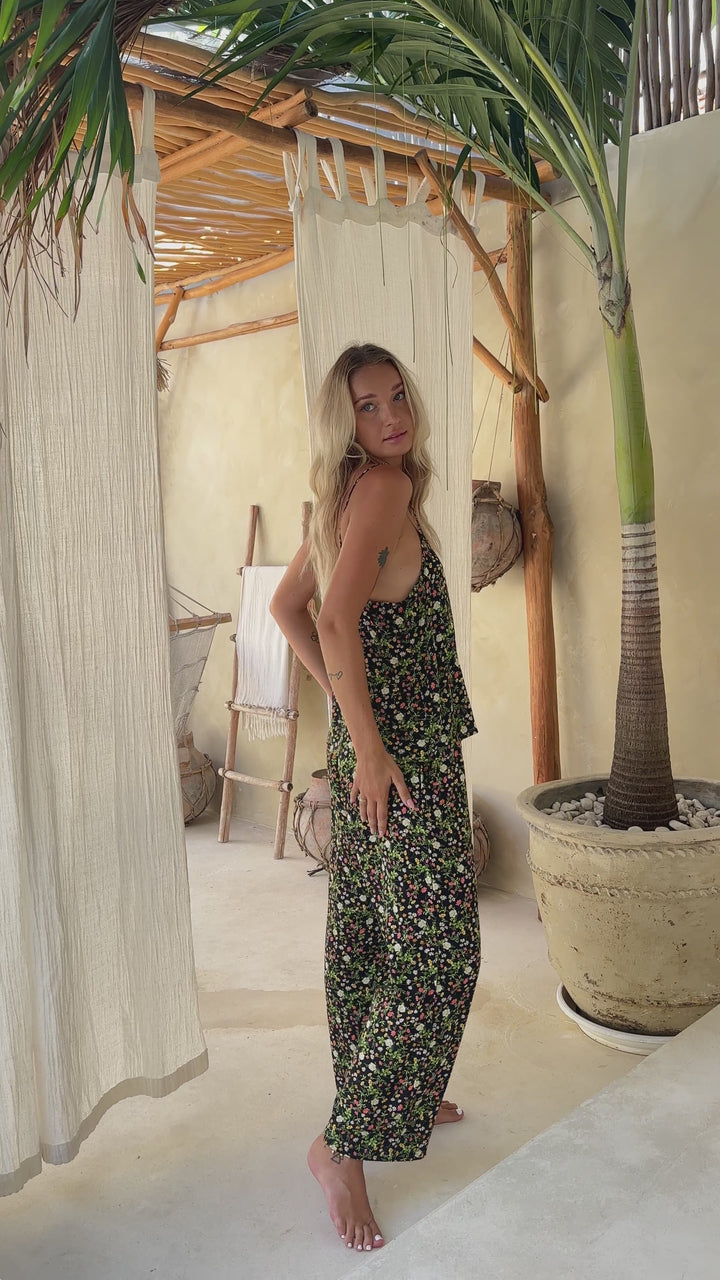 Black Floral Cami and Pants Pj Set