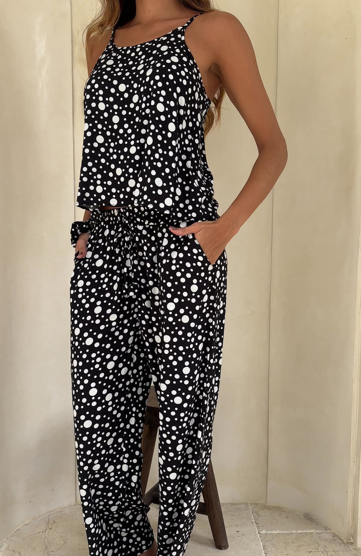 Black and white polka dot pj set, video